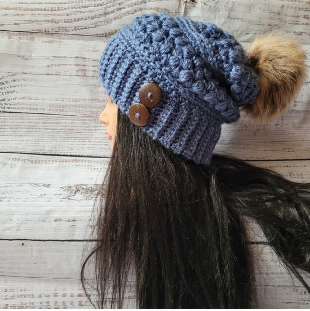 Crochet Blue Slouchy Beanie Hat